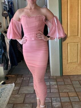 Missguided Pink Off-Shoulder balloon sleeve Ruched Maxi Dress NEW